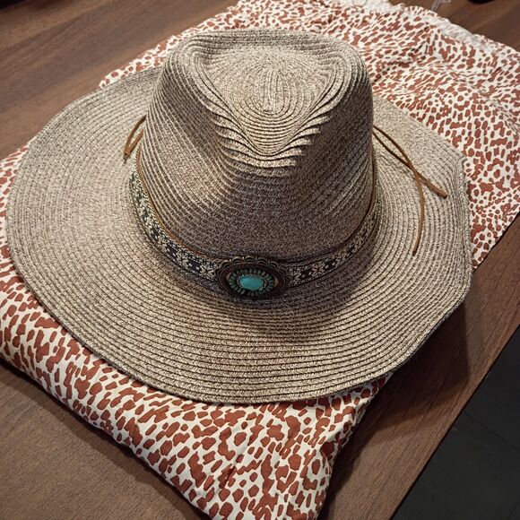 Accessories - Gray/brown western boho hat turquoise